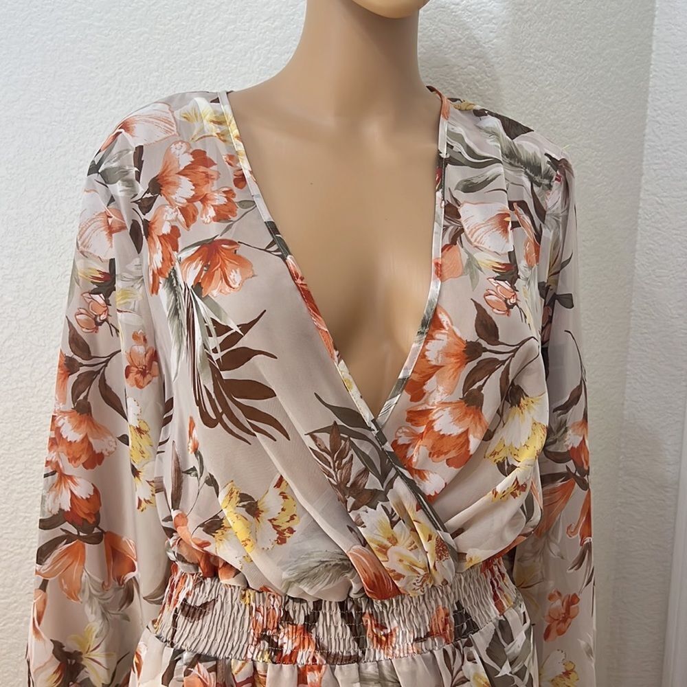 Enfocus Dress Size 14P V Neck Floral Long Sleeve Sheer Lined Skirt Elastic Waist - Picture 4 of 11